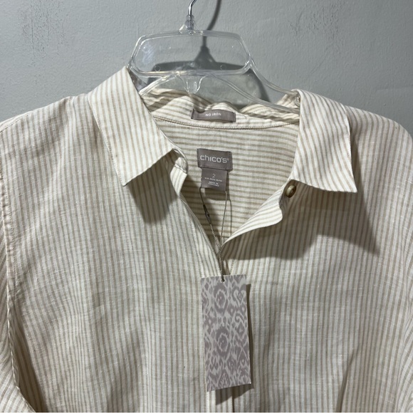 Chicos sz 2 Large Linen Top Shirt White Beige Pinstripe Stripe Coastal Grandma - Picture 5 of 10